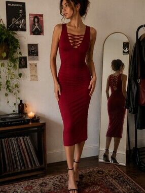 Red Bodycon Midi Small Strappy Front Dress Going Out Date Night Girls Night